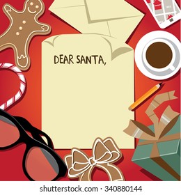 Dear Santa Letter From Child On Santa's Desk With Copy Space. Flat Design. 