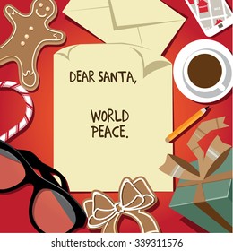 Dear Santa World Peace Letter From Child On Santa's Desk. Flat Design. 