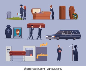 Death Ceremony. Burial Dying People Big Loss Psychology Problems Cemetery Rip Tomb Grave Exact Cartoon Illustrations Collection