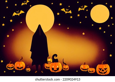 Death Drawing For Halloween, Decor With Moon, Scary Pumpkins And Bat