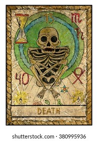 Death.  Full colorful deck, major arcana. The old tarot card, vintage hand drawn engraved illustration with mystic symbols. Scary human skeleton with candles and flower