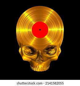 Death Gold Album - 3D Illustration Of Golden Skull Shaped Vinyl Record Isolated On Black Studio Background