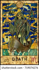 Death. Grim Reaper. Fantasy Creatures Tarot full deck. Major arcana. Hand drawn graphic illustration, engraved colorful painting with occult symbols