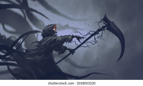 The Death as know as Grim Reaper casts black magic on the scythe, digital art style, illustration painting