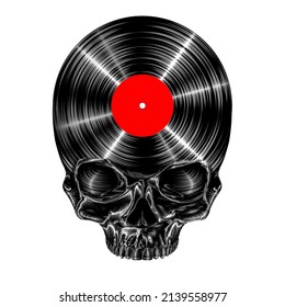 Death Music Album - 3D Illustration Of Skull Shaped Vinyl Record Isolated On White Studio Background