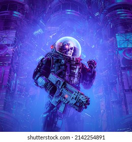 Death on patrol - 3D illustration of science fiction scene showing evil skull faced astronaut space soldier with laser pulse rifle surrounded by alien machinery