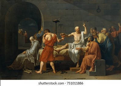 THE DEATH OF SOCRATES, by Jacques Louis David, 1787, French Neoclassical painting, oil on canvas. Greek Classical philosopher Socrates about to drink poison hemlock as the price of maintaining his bel