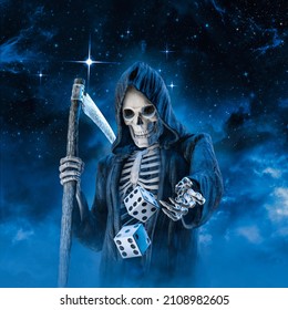 Death throwing dice - 3D illustration of grim reaper with scythe playing magical game of chance against starry night sky
