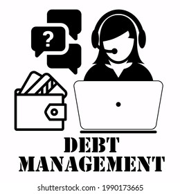 Debt Management Icon. A Customer Service Representative In Front Of Laptop, A Wallet And Questions Bubbles.