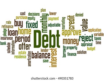 Debt, word cloud concept on white background.