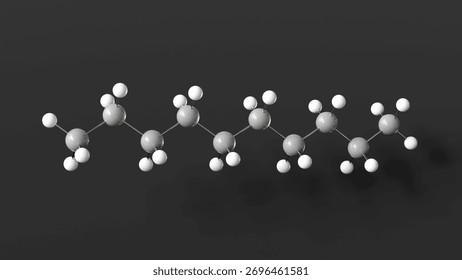 decane molecule 3d, molecular structure, ball and stick model, structural chemical formula organic solvent