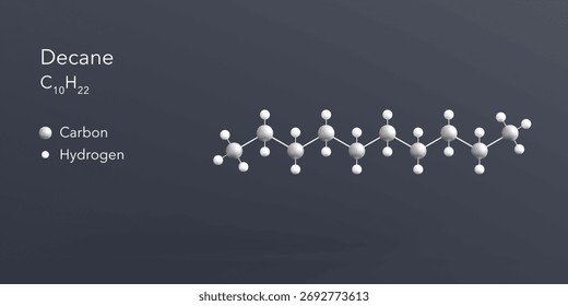 decane molecule 3d rendering, flat molecular structure with chemical formula and atoms color coding