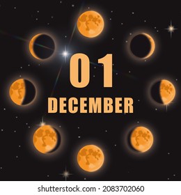 December 1. 1th Day Of Month, Calendar Date.Phases Of Moon On Black Isolated Background. Cycle From New Moon To Full Moon. Concept Of Day Of Year, Time Planner, Winter Month