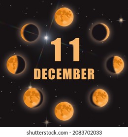 December 11. 11th Day Of Month, Calendar Date.Phases Of Moon On Black Isolated Background. Cycle From New Moon To Full Moon. Concept Of Day Of Year, Time Planner, Winter Month