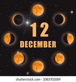 December 12. 12th Day Of Month, Calendar Date.Phases Of Moon On Black Isolated Background. Cycle From New Moon To Full Moon. Concept Of Day Of Year, Time Planner, Winter Month