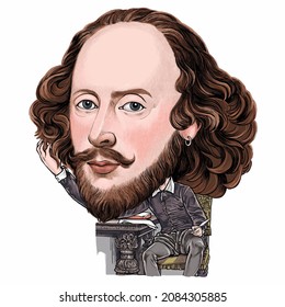 December 2, 2021 Caricature Of William Shakespeare Was An  	
Playwright, Poet, Actor Portrait Drawing Illustration.