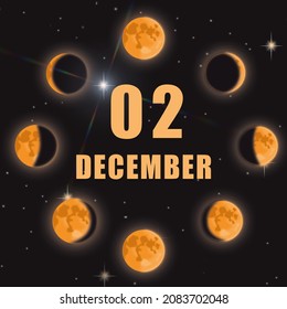 December 2. 2th Day Of Month, Calendar Date.Phases Of Moon On Black Isolated Background. Cycle From New Moon To Full Moon. Concept Of Day Of Year, Time Planner, Winter Month