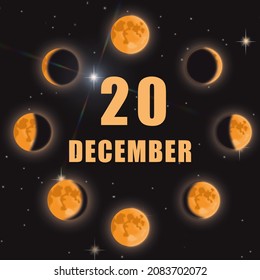 December 20. 20th Day Of Month, Calendar Date.Phases Of Moon On Black Isolated Background. Cycle From New Moon To Full Moon. Concept Of Day Of Year, Time Planner, Winter Month