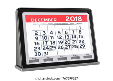 December 2018 Digital Calendar, 3D Rendering Isolated On White Background