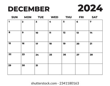 December 2024 Black and White Sunday Start Landscaped Monthly Planner, Sunday Start Calendar 2024, Landscape Organizer, 2024 Monthly Event Planner, 2024 Editable Sunday Start Calendar - Powered by Shutterstock