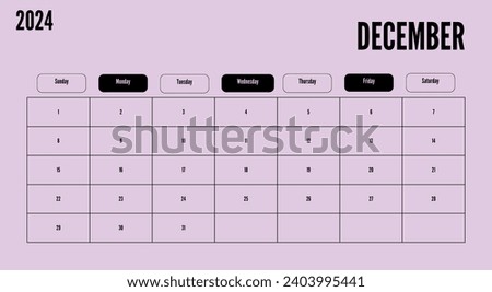 December 2024 Planner Calendar Page Design Monthly organizer on  Light purple background for printing. The week starts on Sunday. English vector designer.