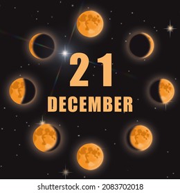 December 21. 21th Day Of Month, Calendar Date.Phases Of Moon On Black Isolated Background. Cycle From New Moon To Full Moon. Concept Of Day Of Year, Time Planner, Winter Month