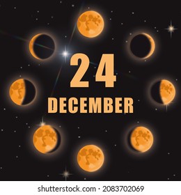 December 24. 24th Day Of Month, Calendar Date.Phases Of Moon On Black Isolated Background. Cycle From New Moon To Full Moon. Concept Of Day Of Year, Time Planner, Winter Month