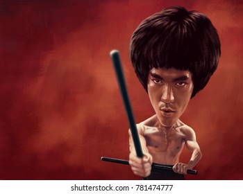December 25, 2017: Bruce Lee from Enter the Dragon movie scene, Caricature character, Digital painting illustration