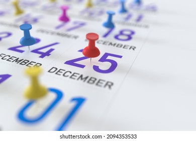 December 25 Date And Push Pin On A Calendar, 3D Rendering