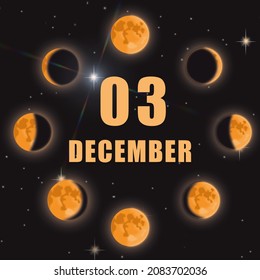 December 3. 3th Day Of Month, Calendar Date.Phases Of Moon On Black Isolated Background. Cycle From New Moon To Full Moon. Concept Of Day Of Year, Time Planner, Winter Month