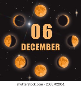 December 6. 6th Day Of Month, Calendar Date.Phases Of Moon On Black Isolated Background. Cycle From New Moon To Full Moon. Concept Of Day Of Year, Time Planner, Winter Month