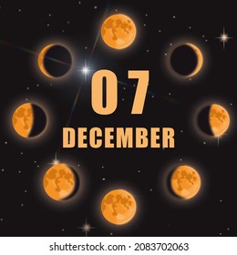 December 7. 7th Day Of Month, Calendar Date.Phases Of Moon On Black Isolated Background. Cycle From New Moon To Full Moon. Concept Of Day Of Year, Time Planner, Winter Month