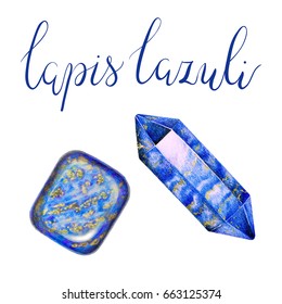 December birthstone lapis lazuli isolated on white background with lettering. Close up illustration of gems drawn by hand with colored pencils. Realistic polished stone and mineral hexagonal crystal