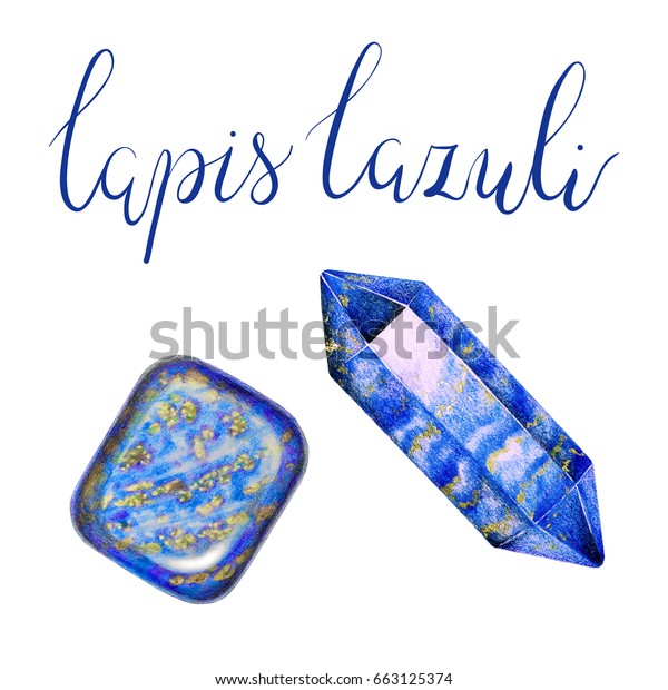 白い背景に文字と12月の誕生石のラピスラズリ 色鉛筆で手描きの宝石の接写イラスト 現実的な磨き石とミネラル六角結晶 のイラスト素材