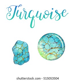 December birthstone Turquoise isolated on white background. Realistic illustration of gems drawn by hand with watercolor