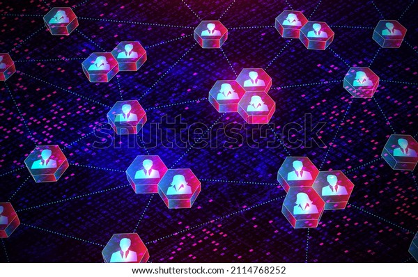 Decentralized Autonomous Organization - DAO\
- People Connected by Blockchain Technologies in a Decentralized\
Network - Conceptual 3D\
Illustration