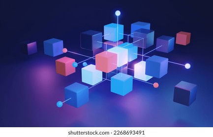 Decentralized blockchain system 3D concept, utilizing algorithmic technology and a distributed network for secure data clustering. Highly secure and reliable network for data storage. 3D Illustration