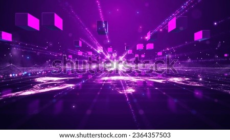 Decentralized digital technology concept of blockchain. Small particle square boxes connecting abstract world map polygons on a dark pink background. 3d rendering.