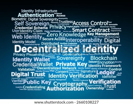 Decentralized Identity Word Cloud. Key Concepts in Blockchain-Based Identity, Privacy, Trust, and Sovereign Authentication. Ideal for Developers, Students, and Researchers.