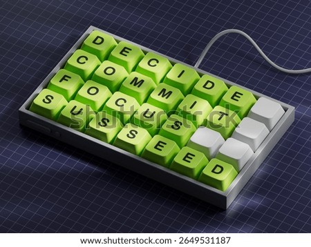 Decide Commit Focus Succeed symbol. Concept words Decide Commit Focus Succeed on Computer keyboard keys.Business concept. Copy space.3D rendering on blue background.