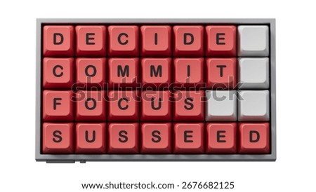 Decide Commit Focus Succeed symbol. Concept words Decide Commit Focus Succeed on Computer keyboard keys.Business concept. Copy space.3D rendering on Green Screen for footage and clipping path.