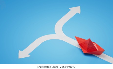Decision business, Problem solving, way to success concept. Red paper boat sailing choose a way to success. paper art style.3D rendering on blue background.