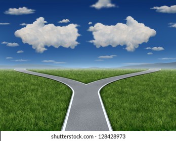 Decision Inspiration as a group of clouds in the shape of an arrow sign pointing in opposite paths as a business dilemma symbol of a crossroads concept.