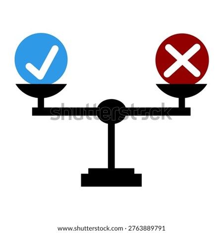 Decision making concept with checkmark and cross symbols on scale balance. Comparison and judgment idea