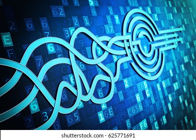 Decision Making Strategy And Goal Solution Concept, Target From Blue Arrows On A Digital Computer Data Background, 3d Illustration