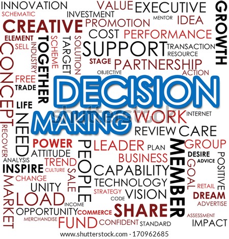 Decision making word cloud cloud image with hi-res rendered artwork that could be used for any graphic design.