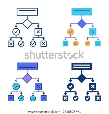 Decision tree icon set in flat and line style. Algorithm symbol, complex problem solution.