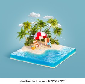 Deck Chairs Under The Beach Umbrella On A Sand Beach Of Beautiful Island On Sliced Earth Block In Summer Day. Unusual 3d Illustration. Travel And Vacation Concept