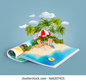 Deck chairs under the beach umbrella on a sand beach of beautiful island on opened pages of magazine in summer day. Unusual 3d illustration. Travel and vacation concept - Powered by Shutterstock