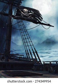 Deck of a pirate ship with the black flag at night